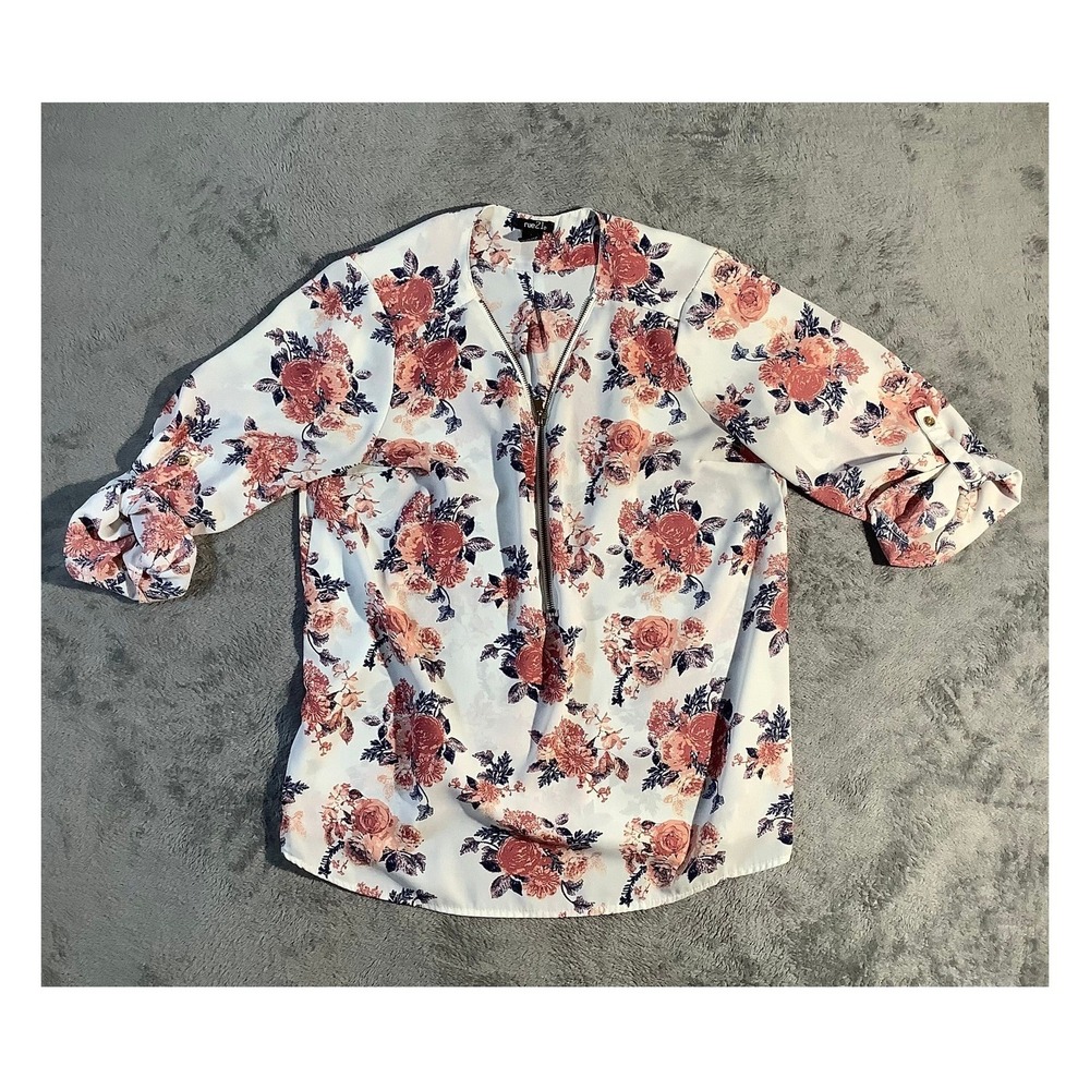 rue21 Women's Floral Blouse XL Pink Half Zip 3/4 Sleeve
